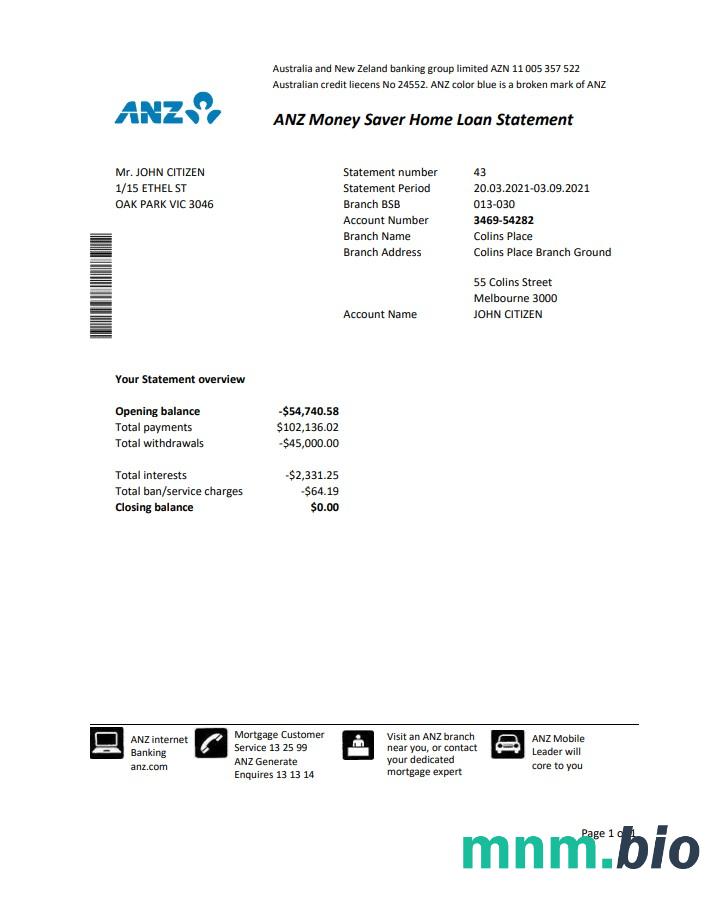 Australia ANZ dowód adresu szablon wyciągu bankowego w .xls i .format pdf, w pełni edytowalny